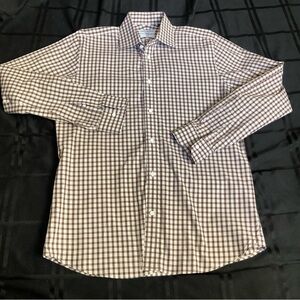 Spier & Mackay Shirt Mens 16 Brown/White Gingham Plaid Slim Handmade Button Up